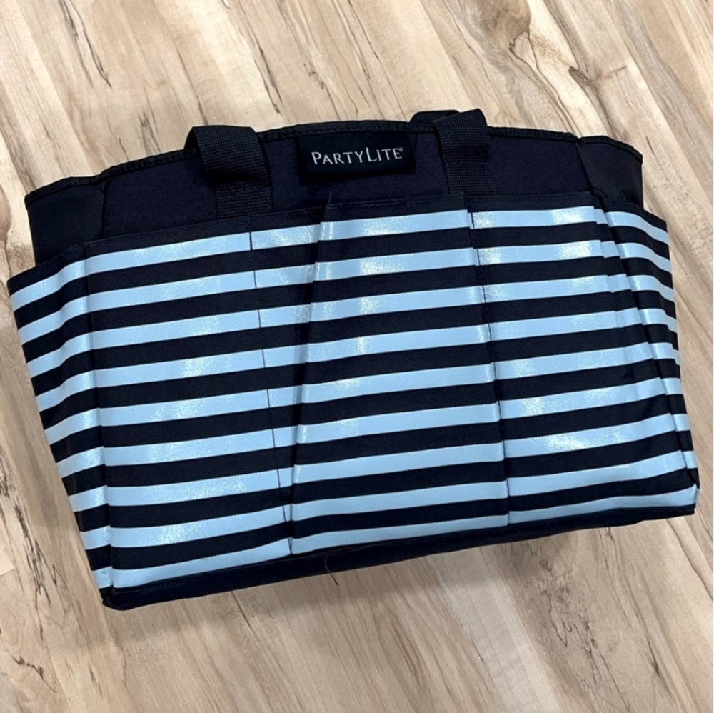 NWOT PartyLite Organizing Party Sample Tote Bag w 7 External Pockets, Navy/teal